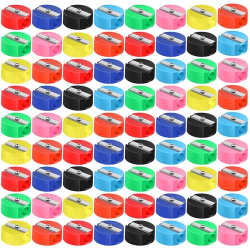 Glenmal 72 Pieces Pencil Sharpeners Bulk for Kids, Mini Plastic Handheld Sharpener, Colorful Round Manual Sharpener for Classroom Back to School Donation Supplies Party Favors