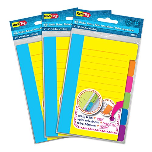 Redi-Tag Divider Sticky Notes, Tabbed Self-Stick Lined Notepads, 180 Ruled Notes, 4" x 6", 3 Books Per Pack, Assorted Colors (B10245) - size: 3 Pack