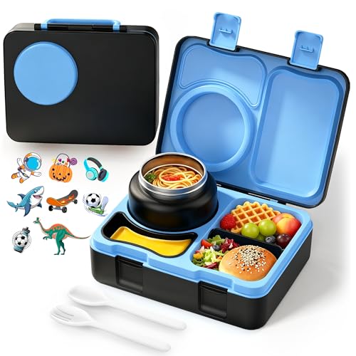 Bento Box for Kids, Leakproof Kids Bento Lunch Box Container with 8oz Insulated Thermo Food Jar, Sauce Jar, Utensil, DIY Stickers for School Boys Girls, 3-4 Compartments, BPA-Free - color: Black Blue