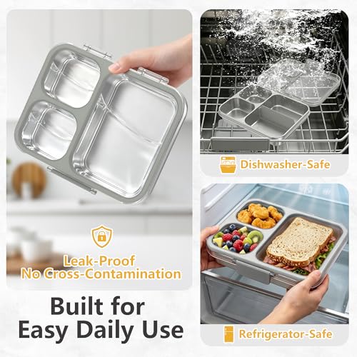 Stainless Steel Bento Lunch Box, 34oz/1000ml Leak Proof Metal Container, Lightweight 3mm Ultra-Narrow Bezel with Tritan Lid for Kids & Adults, 3-Compartment, BPA/BPS Free, Dishwasher Safe, Gray - color: Gray, size: 34oz/1000ml