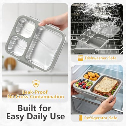 Stainless Steel Bento Lunch Box, 34oz/1000ml Leak Proof Metal Container, Lightweight 3mm Ultra-Narrow Bezel with Tritan Lid for Kids & Adults, 3-Compartment, BPA/BPS Free, Dishwasher Safe, Gray - color: Gray, size: 34oz/1000ml