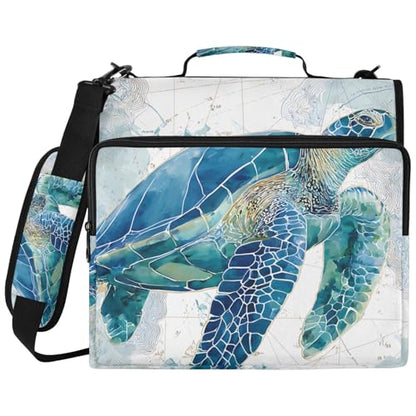 Sea Turtle Pattern Zipper Binder Bag 3 Ring Binder with Shoulder Strap Zip Up 500 Sheets Capacity Multi Pockets for School Office Supplies - color: Sea Turtle Pattern