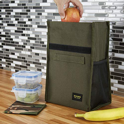 2nd Childhood Insulated Lunch Bag for Men, Durable & Reusable, Green | Slim lunch bag with carry handle, two mesh side pockets and a back slip pocket; insulated liner keeps food cool - color: Green
