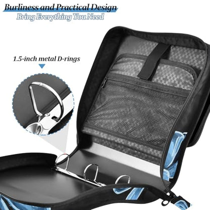 Blue Bow Print 3 Ring Zipper Binder Bag Binder Organizer with Handle Shoulder Strap for School Work Office Supplies - color: Blue Bow Print