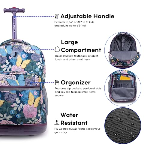 J World Sunrise Kids Rolling Backpack with Wheels for Girls Boys, Roller Bookbag for School, 18 x 13 x 9 Inches, Secret Garden - color: Secret Garden