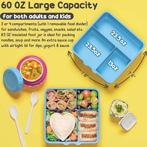 Fimibuke Bento Lunch Box for Kids Adult, 3-4 Compartment 60OZ Toddler Lunch Box Container with Leakproof 8OZ Insulated Food Jar, Sauce Jar, Utensil for School Boys Girls, BPA-Free Dishwasher Safe - color: A9.Rainbows & Daisies