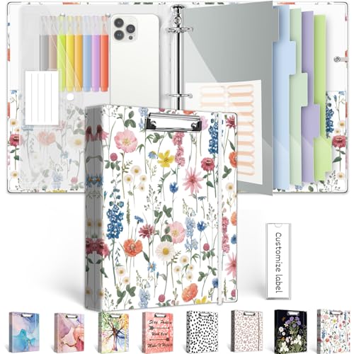 3 Ring Binder 1 Inch, Three Ring Binders Organizer with Clipboard, 5-Tabs Pockets Dividers, Plastic Folder, 18 Divider Stikers, BVSSX Cute Binder with Pen Loop (Blue Bloom, Letter Size) - color: Blue Bloom, size: 1in（Letter Size）