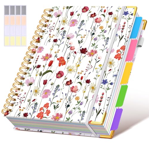 Hardcover Spiral Notebook 8.5"x11" Journal with Removable Dividers Tabs, 300 Pages 5 Subject Notebook College Ruled, Large A4 Notebooks for Work School, Journal for Women, A4 Flower White - color: Flower White, size: 8.5"x11"
