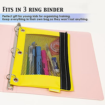 BAZIC PRODUCTS Bright Color 3-Ring Pencil Pouch with Mesh Window, 2-Pack | clear mesh window and a zipper closure for pens; pencils; supplies - color: Pink