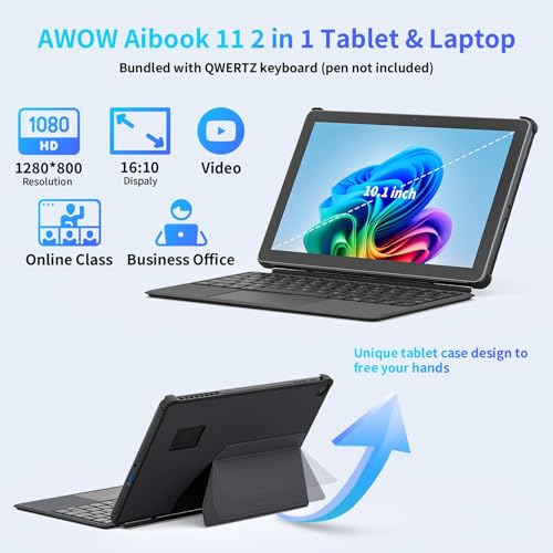AWOW 10.1" Tablet with Keyboard, 2-in-1 Mini Laptop Tablet PC, Intel N150, 12GB RAM 256GB SSD, in-Cell Display, 36W PD Fast Charging, WiFi 6, BT 5.0, HDMI, Type-C, 8MP+5MP Camera