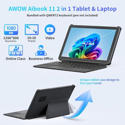AWOW 10.1" Tablet with Keyboard, 2-in-1 Mini Laptop Tablet PC, Intel N150, 12GB RAM 256GB SSD, in-Cell Display, 36W PD Fast Charging, WiFi 6, BT 5.0, HDMI, Type-C, 8MP+5MP Camera