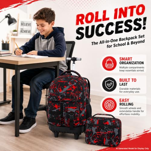 CCJPX 3Pcs Rolling Backpack for Boys, Roller Wheeled School Bookbag, Graffiti Wheels Backpacks with Lunch Box for Kids (Red) - color: Graffiti Red