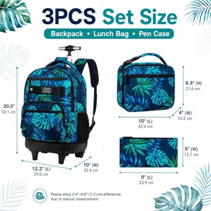 3Pcs Rolling Backpack for Men, 19 Inche Adult Bag with Roller Wheels, Wheeled Bookbag Set for Boys - Green - color: Leaf Green