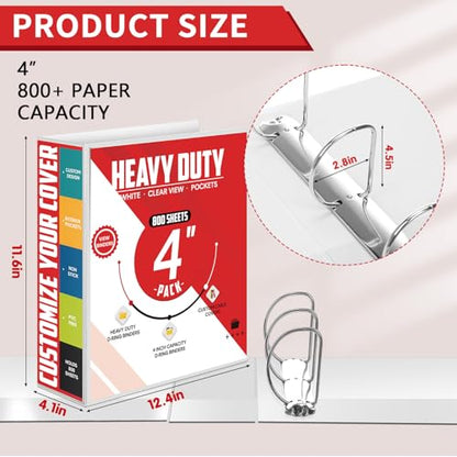 Sinload 4 Pcs 4 Inch Large Ring Binders with Pockets 3 Ring Binder 8.5" x 11" Presentation Folder View Binder with Customizable Clear Cover for Documents Files Projects(White) - color: White, size: 4 Inch