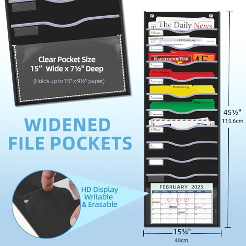 ALSLEA 11 Pockets Hanging Wall File Organizer 15" Extra Wide Pocket Chart for Classroom, Office, Home, Mail Organizer Wall Mounted with 1 Writable Clear Pocket, 5 Wall/Door Hooks & 12 Labels (Black) - size: Large (11 Pockets)