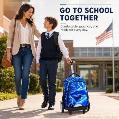 3Pcs Large Rolling Backpack for Boys, 20 Inch Detachable Wheeled Bookbag with Lunch Box, Durable Lightning Shark Roller Backpack for Elementary Middle School (Blue) - color: Large Wheels Shark Blue