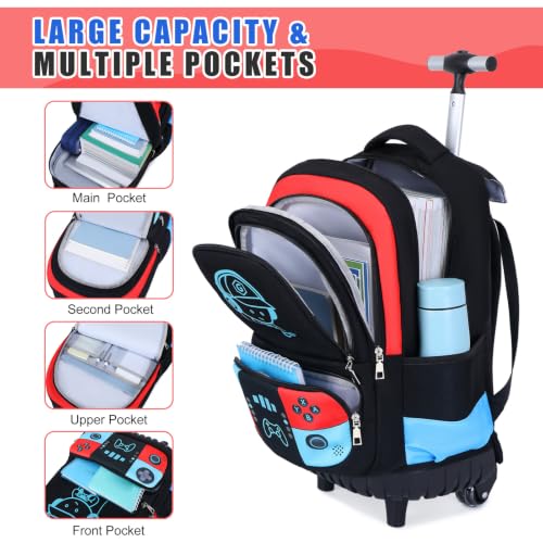 Bevalsa Rolling Backpack for Boys,Cool Luminous Gamer Roller School Backpacks with Lunch Box & Pencil Case,Kids Wheeled Schoolbag Bookbag with Wheels for Kindergarten Elementary School Travel - color: Red Blue