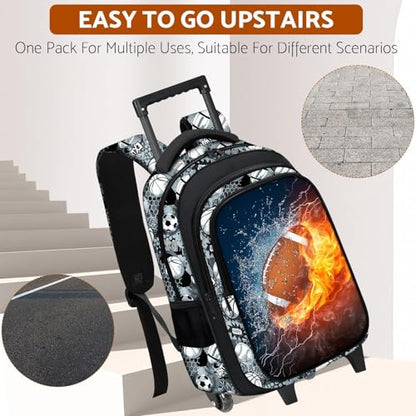 Boys Rolling Backpack for Kids - American Football Kids Rolling Backpack with Wheels for Elementary Middle School Students - Roller School Bookbag Aged 6-18, Wheeled Travel Bag Large Capacity - color: Football-001-backpack Only
