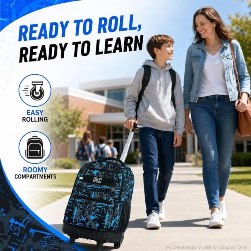 3Pcs Rolling Backpack for Boys, Men Roller Bag with Wheels for Adults, 19 Inche Graffiti Wheeled Bookbag with Lunch Box(Blue) - color: Graffiti Blue