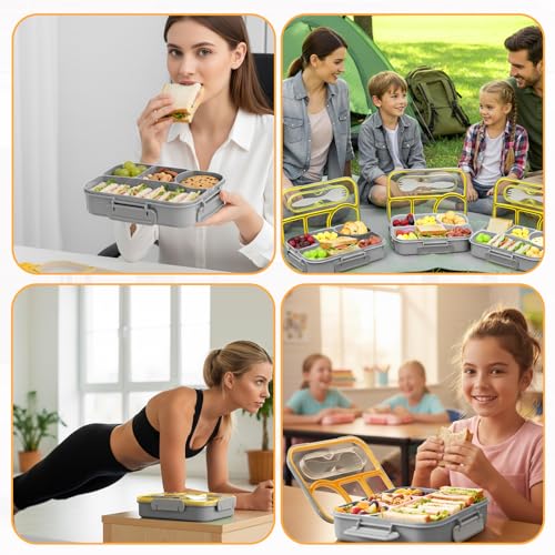 Bento Box for Adults,4 Compartments Lunch Box, Snack Containers Reusable Lunch Containers Drop-Proof, Dishwasher Safe & Made with BPA-Free Materials, Grey - color: Gray