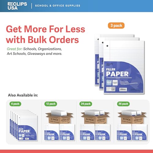 Loose Leaf Paper College Ruled Notebook Paper College Ruled Lined Writing Filler Paper 10.5” x 8” 450 Sheets 150 Sheets Per Pack 60 gsm (3 Pack) - size: 3 Pack