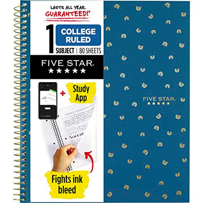 Five Star Spiral Notebook + Study App, 1 Subject, College Ruled Paper, 8-1/2" x 11", 80 Sheets, 1 Count, Selected Design Will Vary (820156F) - color: Design Chosen For You