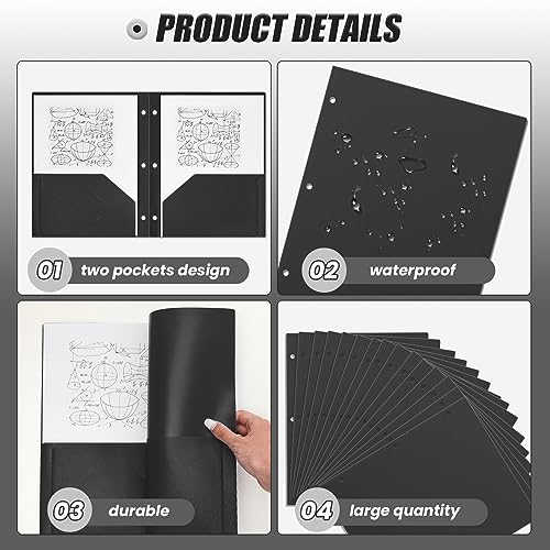 Yeaqee 100 Pcs Plastic Folders with Pockets Bulk 3 Hole Punched 2 Pocket File Folders for 3 Ring Binder Divider Folder for Notebooks, Durable Poly for Office Home (Black) - color: Black