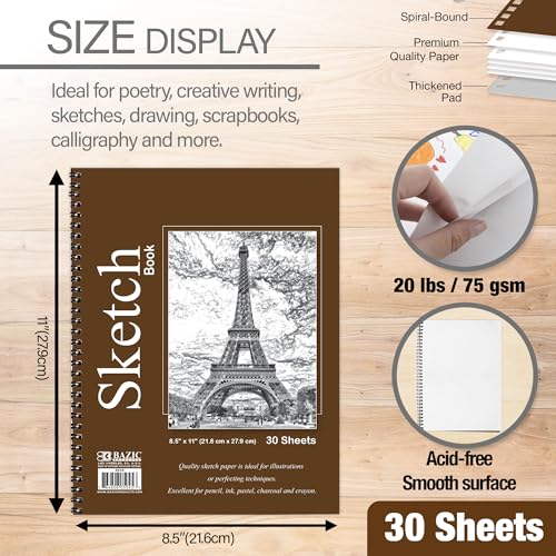 BAZIC Products Spiral Sketch Book, Side Bound, 8.5 x 11 in, 30 Sheets | 30-sheet spiral sketch book, smooth drawing paper for sketching, shading - color: 30 Sheets - 8.5"x11", size: 1-Pack