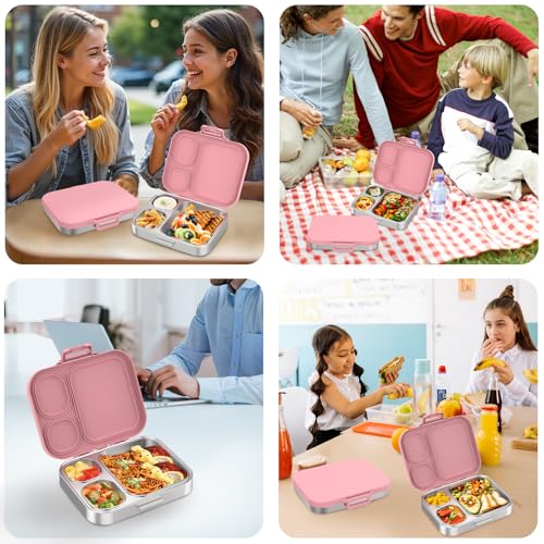 Pawtong Stainless Steel Bento Lunch Box for Kids | 3-Compartment Lunch Box Container Kids | 100% Leakproof, Eco-Friendly, Perfect Portion Control for Kids&Adult Healthy Meals (Pink) - color: Pink