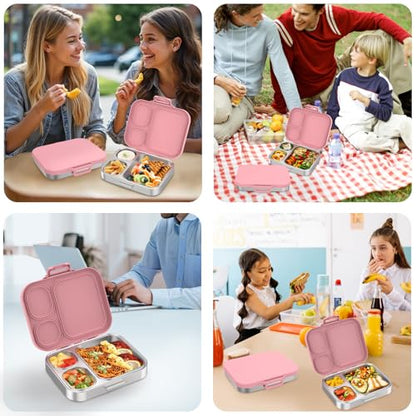 Pawtong Stainless Steel Bento Lunch Box for Kids | 3-Compartment Lunch Box Container Kids | 100% Leakproof, Eco-Friendly, Perfect Portion Control for Kids&Adult Healthy Meals (Pink) - color: Pink