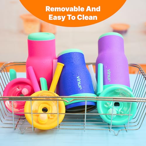 VINUR Kids Tumbler with with Lid and Straw -14 oz Stainless Steel Vacuum Insulated Tumbler Travel Mug with Handle & Silicone Base-Gifts for Girls, Purple - color: Purple, size: 14 Ounces