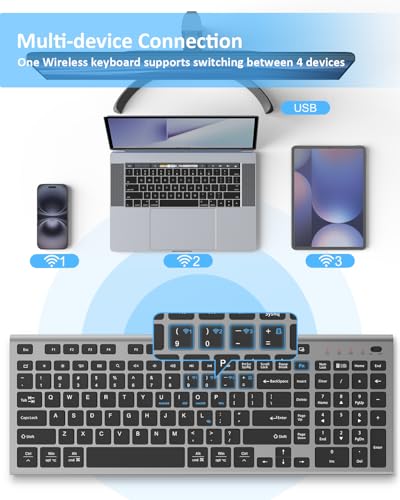 FENIFOX Wireless Keyboard, Bluetooth & 2.4G USB & USB-C Rechargeable Silent Ultra Quiet Low Profile Compact Full Size with Number Pad Soft Multi Device for Mac MacBook Windows PC - Black & Grey - color: Black Gray