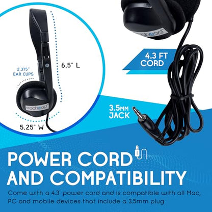 Egghead Over-Ear Kids' Stereo Headphones with 3.5 mm. Audio Jack and 4'3" Cord, Adjustable Stereo School Headphones for Kids, Pack of 20, Black - size: 20 Pack