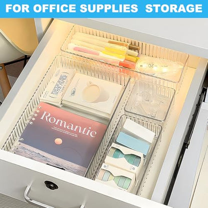 HOTOOLME 7PCS Clear Drawer Organizers Bins, 4 Size Stackable Makeup Drawer Organizer, Desk Plastic Drawer Storage Trays, Bathroom Drawer Storage for Cosmetics, Office Supply, Kitchen Utensils - style: 7 Pack