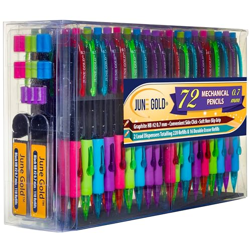 June Gold 72 Mechanical Pencils, 0.7 mm HB #2, 220 Lead & 16 Eraser Refills | 2 Lead Dispensers, Break Resistant Graphite, Convenient Side Click, Soft Non-Slip Grip