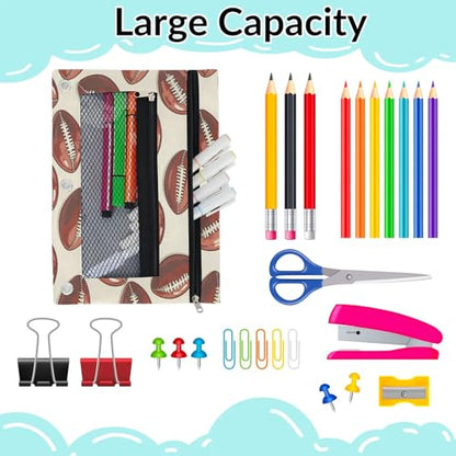 Sports Football Pencil Pouch for 3 Ring Binder Soccer Rugby Balls Pencil Case Bag with Clear Window Zipper Pockets for Kids Girls Boys Students School College Supplies 2 Pack - color: Brown Beige