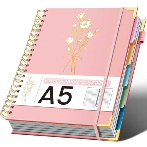 Hardcover Spiral Notebooks 6.1" X 8.4" Note Taking 5 Subject Notebook College Ruled with Dividers 240 Pages 100GSM Aesthetic Spiral Notebook for Work School Cute Journals for Women Writing, Pink - color: Pink, size: 8.4"x6.1"