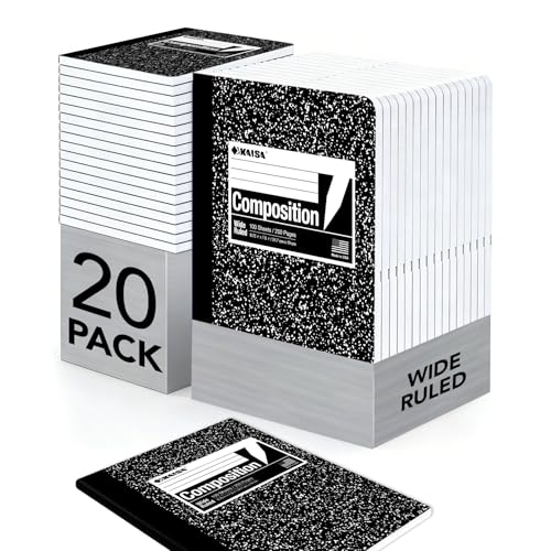 KAISA Hard Cover Composition Notebooks Wide Ruled 100 Sheets, 9.75x7.5inche Classic Black Marble Type, 20pads/Carton, HC10001W - color: 20pad, size: wide-hard
