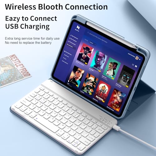 kenke for iPad 11/10th Gen Case with Keyboard 11/10.9 inch 2025 A16/2022, Detachable Wireless Bluetooth Keyboard Case with Bulit-in Pencil Holder, White Square Keycaps (Blue) - color: Blue