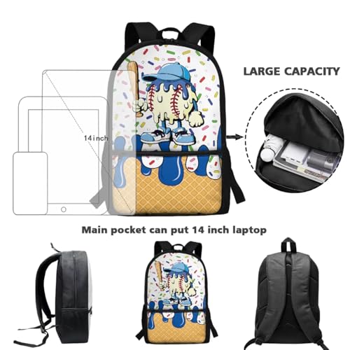 CLOHOMIN Baseball Bookbag and Lunch Box Age 8-10/10-12 Ice Cream School Bags Set Elementary School Bookbag 3rd Grade with Lunch Bag Water Bottle Sleeve 3 in 1 Cute Book Bags for Middle School - color: Baseball Ice Cream