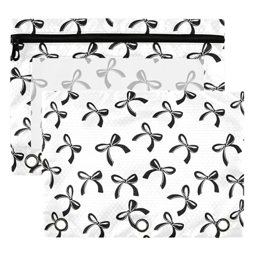 Wamika Bowknot White Black Binder Pouches 3 Ring for Boys Girls School Office College Supplies Bow Tie Stars Ribbon Pencil Pouches Case Bag with Clear Window and Zipper 2 pack - color: Bow Tie