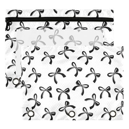 Wamika Bowknot White Black Binder Pouches 3 Ring for Boys Girls School Office College Supplies Bow Tie Stars Ribbon Pencil Pouches Case Bag with Clear Window and Zipper 2 pack - color: Bow Tie