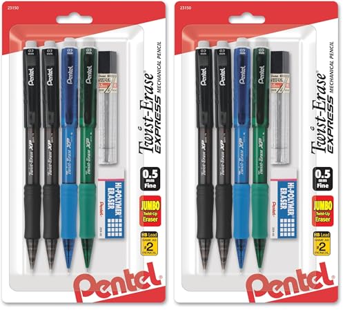Pentel Twist-Erase Express Mechanical Pencil, (0.5mm), Assorted Barrel Colors (QE415LZBP4) (Pack of 2) - size: 4 Count (Pack of 2)