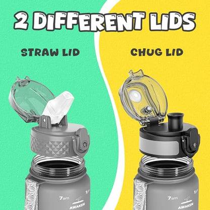 OLDLEY Kids Water Bottle for School, 17 oz (2 lids) BPA-Free Reusable Leak-proof Durable Tritan Plastic Water Bottles with Straw & Chug Lids, Anti-dust Spout Cover (Grey) - color: Grey, size: 16.9 Ounces