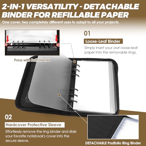 Tactical Notebook Cover, A6 Padfolio 6 Ring Binder with Big Back Pocket & Hand Strap, Zippered Hardcase Planner for Journal, College, Office, Field (Black, A6(5.5 x 8.5 inches)) - color: Black, size: A6