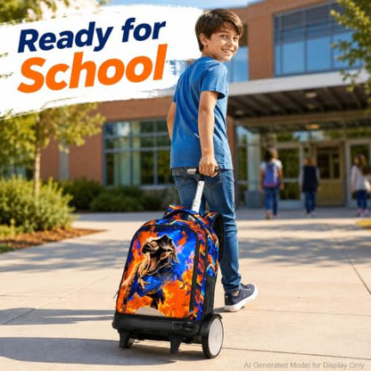 UFNDC Big Wheel Rolling Backpack for Boys, Water-Resistant Wheeled School Bag with Lunch Box & Pencil Case, 3-Pack Kids Roller Bookbag Travel Set - Fire Dinosaur - color: Rolling Backpack Fire Dinosaur Orange