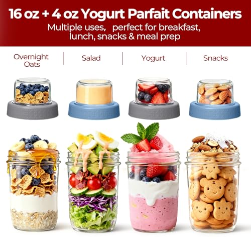 16+4 oz Glass Parfait Cups with Lids 2 Pack Overnight Oats Container | Dry Wet Separation, Jar for Overnight Oats,Chia Pudding,Snacks,Nuts, Fruit,Granola Toppings,Meal Prep - color: Mixed color 3