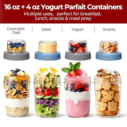 16+4 oz Glass Parfait Cups with Lids 2 Pack Overnight Oats Container | Dry Wet Separation, Jar for Overnight Oats,Chia Pudding,Snacks,Nuts, Fruit,Granola Toppings,Meal Prep - color: Mixed color 3