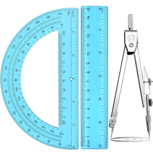 Zonon 3 Pcs Plastic Ruler 6 Inch Protractor Drawing Compass Set, Student Geometry Math Transparent Measuring Tools for Home School Classroom Office Supplies(6 Inch,Blue) - color: Blue, size: 6 Inch