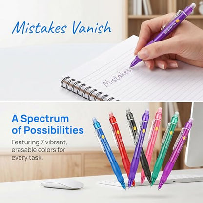 7 Pack Colored Erasable Gel Pens, 0.5mm Fine Point with Eraser, Erasable Pen Set for Note Taking, Planner Writing, Drawing